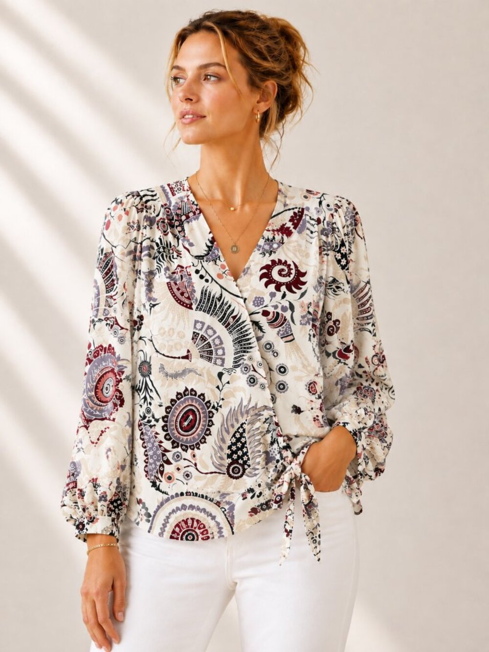 LOFT Outlet Floral Faux Wrap Top Cream Burgundy Side Tie Blouse M NWT